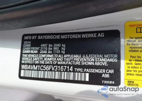 2015 BMW X1 Sdrive28I from USA, damaged, VIN WBAVM1C56FV316714